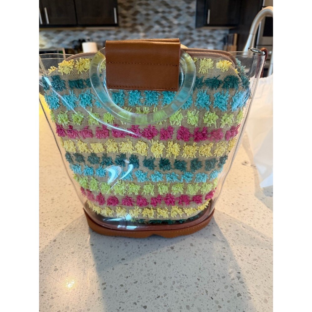 Clear PVC Tote Beach Bag with Multicolor Crochet Insert 10 x 11